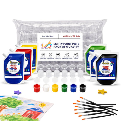 Primary Tempera Paint Set 150ml * 6 + 480 Empty PaintPot & 80 Paint Brushes