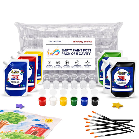 Primary Tempera Paint Set 150ml * 6 + 480 Empty PaintPot & 80 Paint Brushes