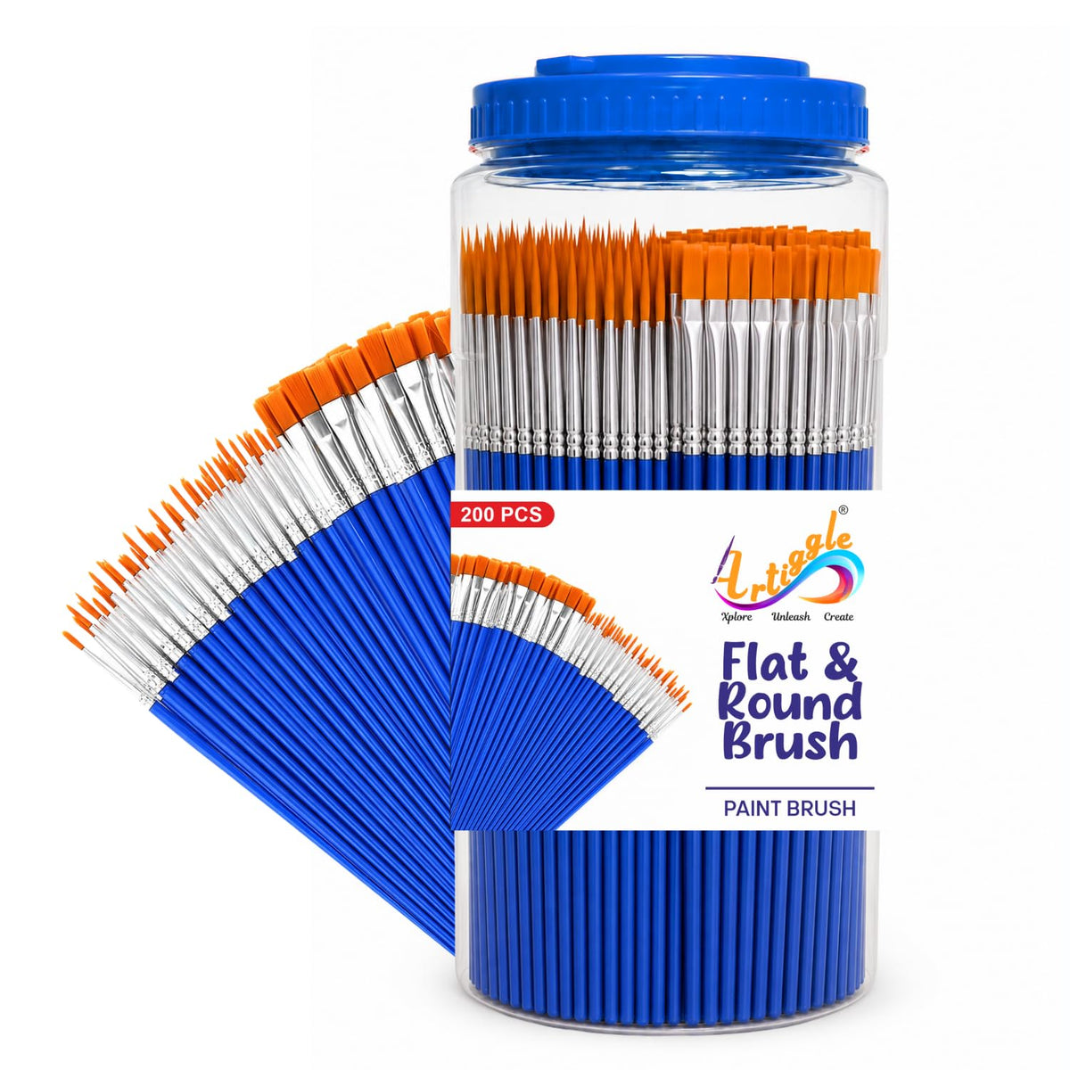 Artiggle Flat & Round Paint Brushes Bulk (Pack of 200) | Brush for Tempera