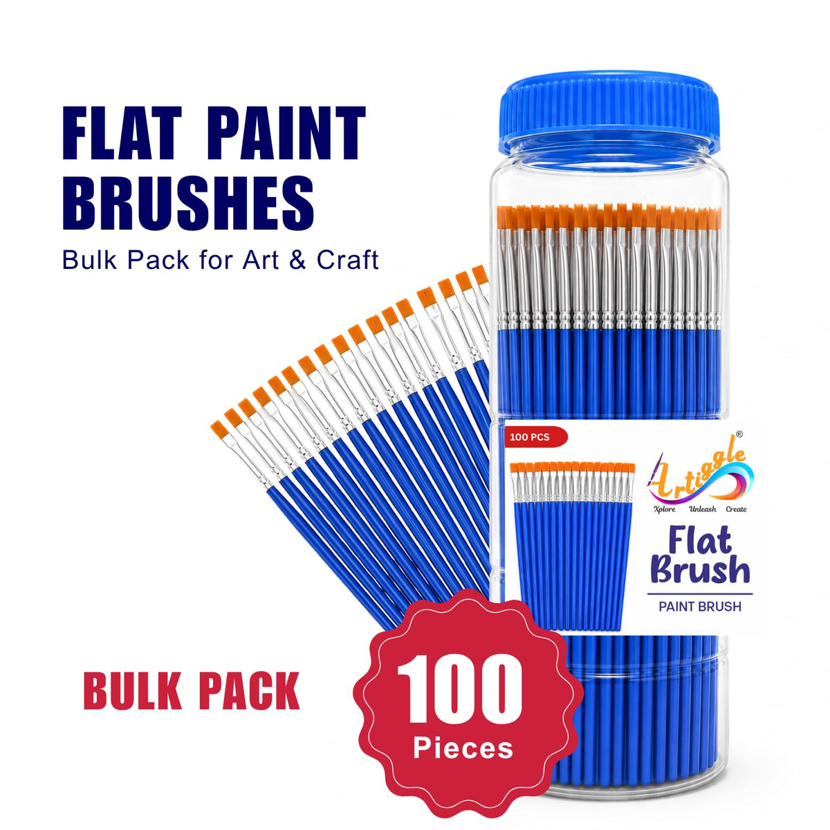 Artiggle Flat Paint Brushes Bulk Pack of 100 | Painting Brush for Painting