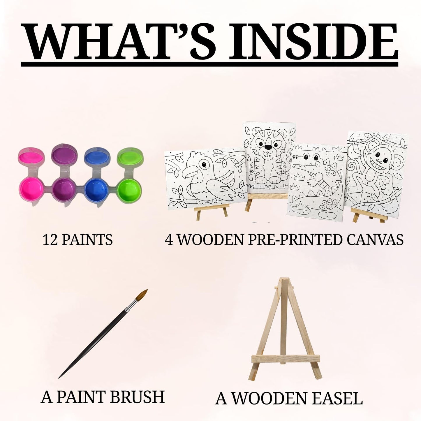 DIY Paint By Number | Canvas Painting Kit For Kids | Pack of 4 Canvas Board 20*15cm + 12 Paints ( 8 Neon & 4 Glow In The Dark Colors ) + Wooden Easel + 1 Paint Brush | Beginner-Friendly Painting Art Kit |