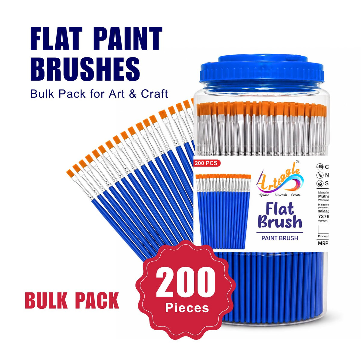 Artiggle Flat Paint Brushes Bulk Pack of 200 | Painting Brush for Tempera
