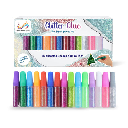 Glitter Glue Set 15 Shades x 10ml, Sparkle Craft Glue