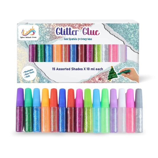 Glitter Glue Set 15 Shades x 10ml, Sparkle Craft Glue