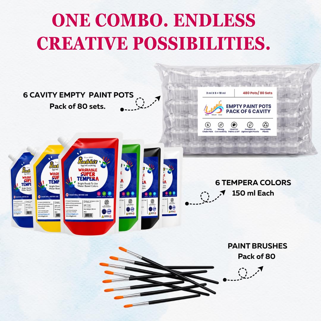 Primary Tempera Paint Set 150ml * 6 + 480 Empty PaintPot & 80 Paint Brushes
