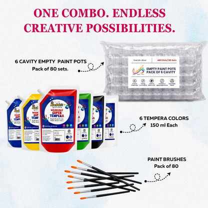 Primary Tempera Paint Set 150ml * 6 + 480 Empty PaintPot & 80 Paint Brushes
