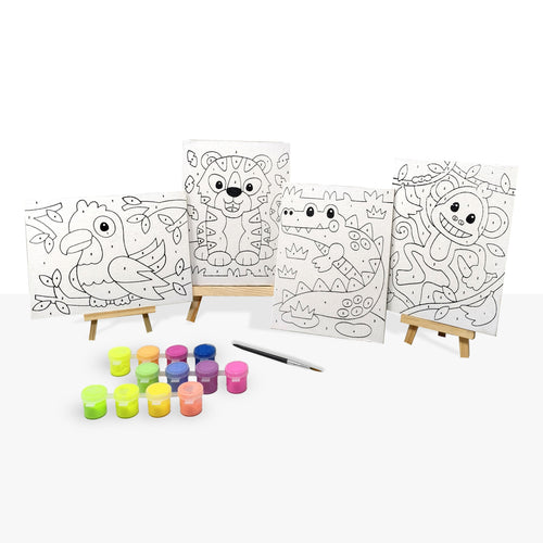 DIY Paint By Number | Canvas Painting Kit For Kids | Pack of 4 Canvas Board 20*15cm + 12 Paints ( 8 Neon & 4 Glow In The Dark Colors ) + Wooden Easel + 1 Paint Brush | Beginner-Friendly Painting Art Kit |