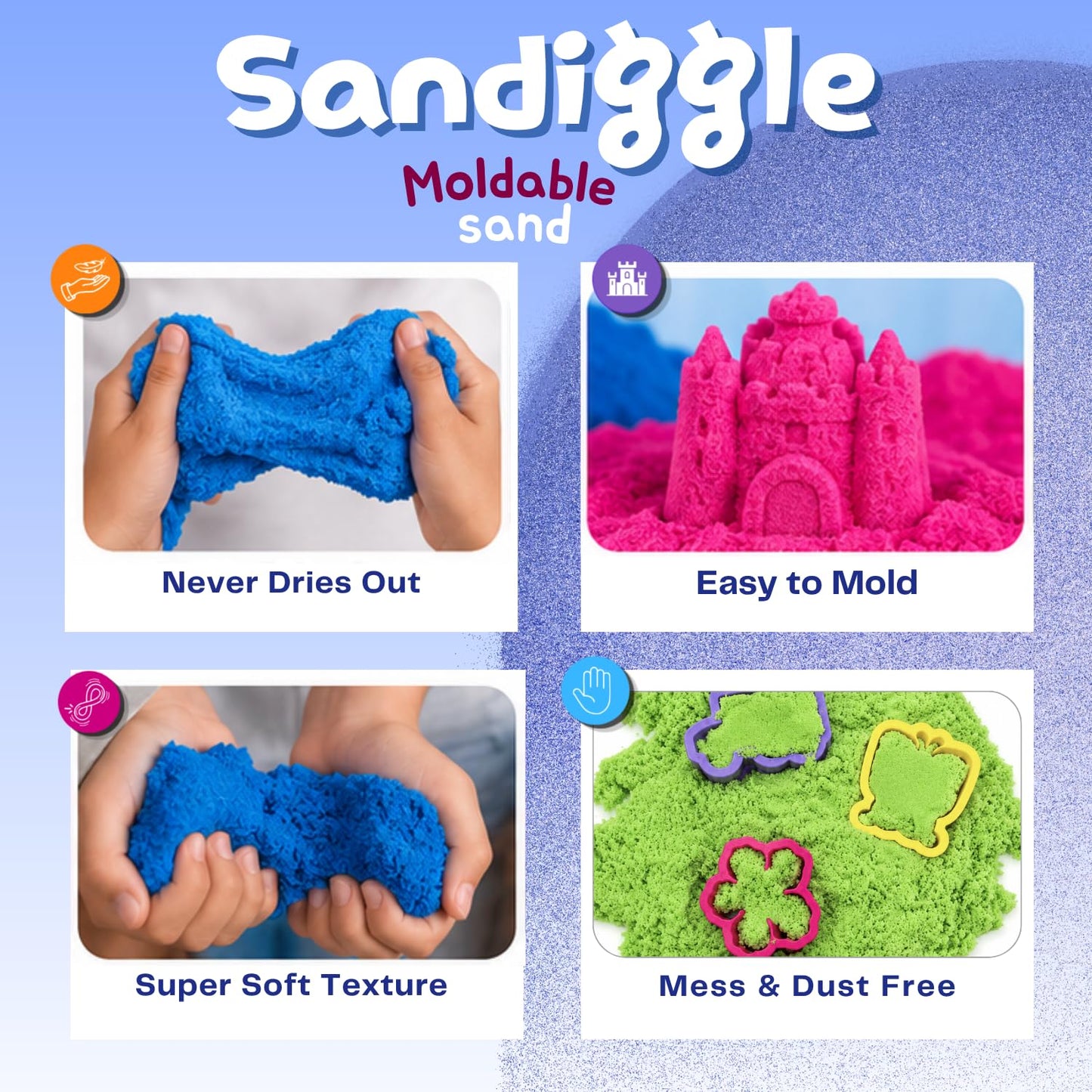 4 Pack of 450 Grams Box Pack Wonder Sand|Kinetic Magic Space Sand (Green,Blue,Orange,Pink)