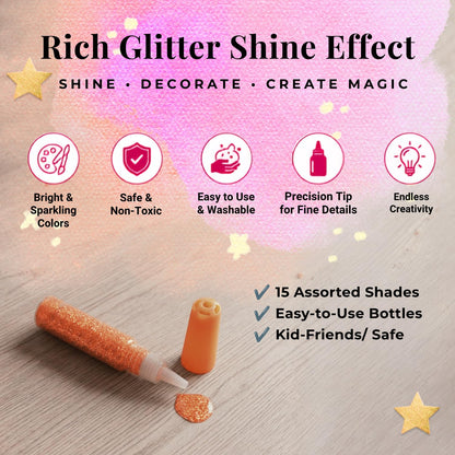 Glitter Glue Set 15 Shades x 10ml, Sparkle Craft Glue