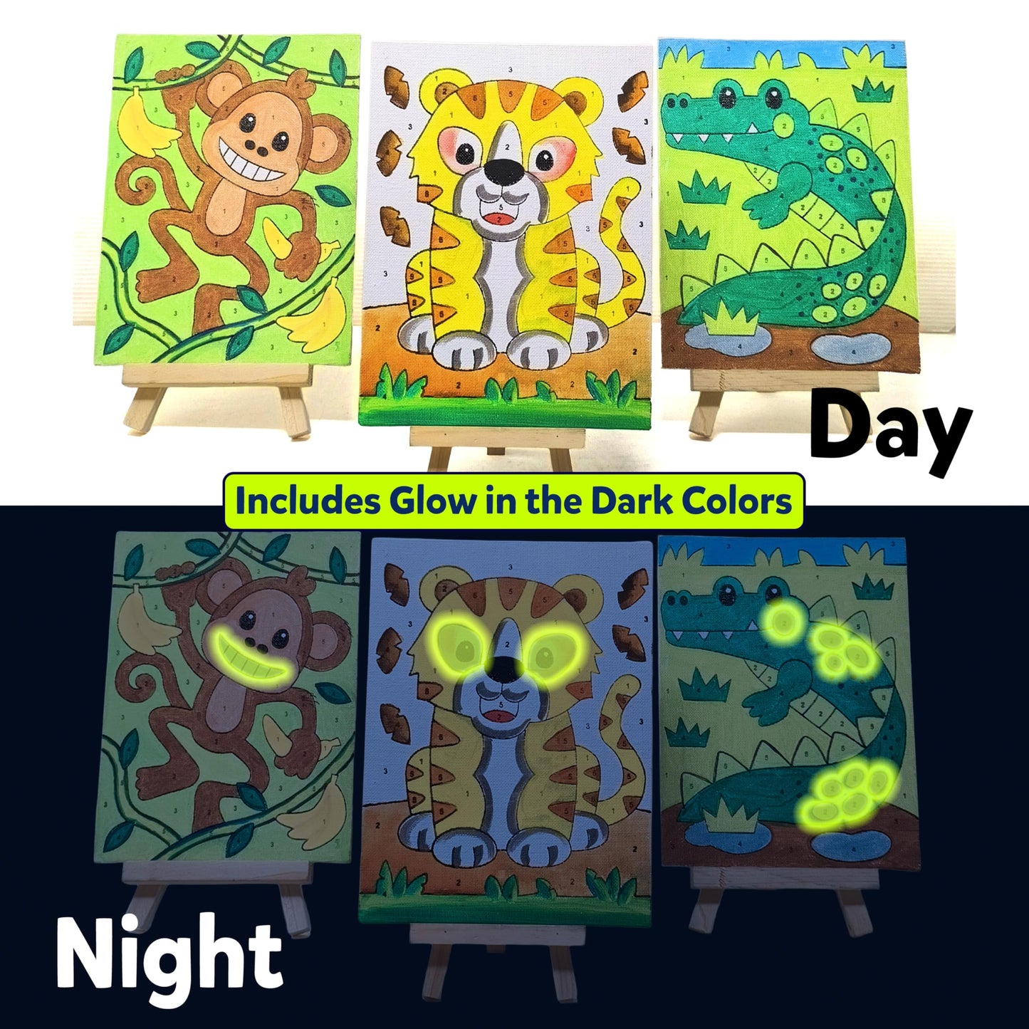 DIY Paint By Number | Canvas Painting Kit For Kids | Pack of 4 Canvas Board 20*15cm + 12 Paints ( 8 Neon & 4 Glow In The Dark Colors ) + Wooden Easel + 1 Paint Brush | Beginner-Friendly Painting Art Kit |