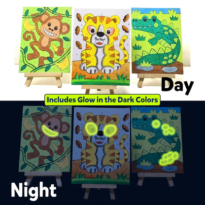 DIY Paint By Number | Canvas Painting Kit For Kids | Pack of 4 Canvas Board 20*15cm + 12 Paints ( 8 Neon & 4 Glow In The Dark Colors ) + Wooden Easel + 1 Paint Brush | Beginner-Friendly Painting Art Kit |
