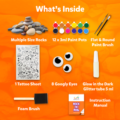 flat brush, rocks, paint pot, paint brush, tattoo sheet, foam brush for painting rocks,  glow in the dark glitter, instruction manual