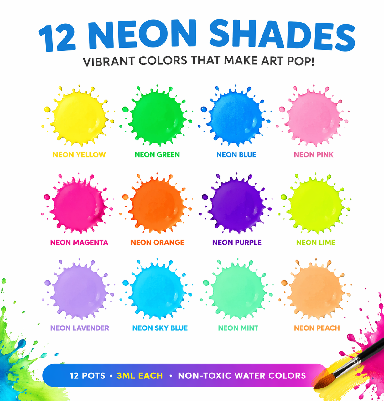 Neon Watercolours,(12 shades-3ml Each)